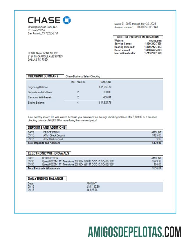 Imprimível Chase Bank Business Checking modelo de extrato de conta Word e PDF